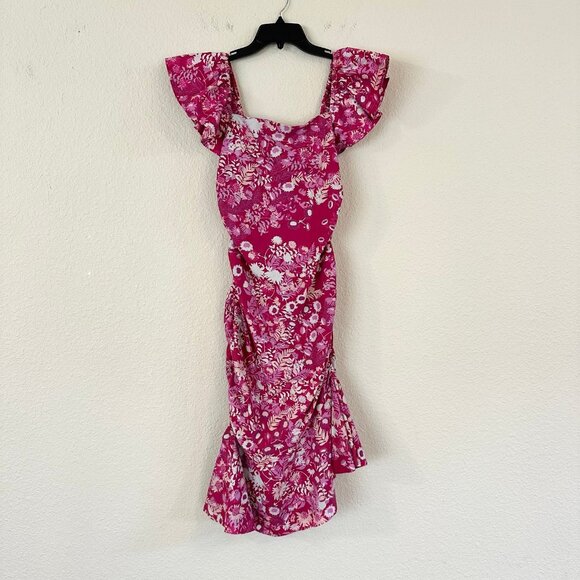Sachin & Babi Pink Floral Ruched Midi Dress Womens Size 2 Ruffle Flutter Sleeve - Picture 2 of 11